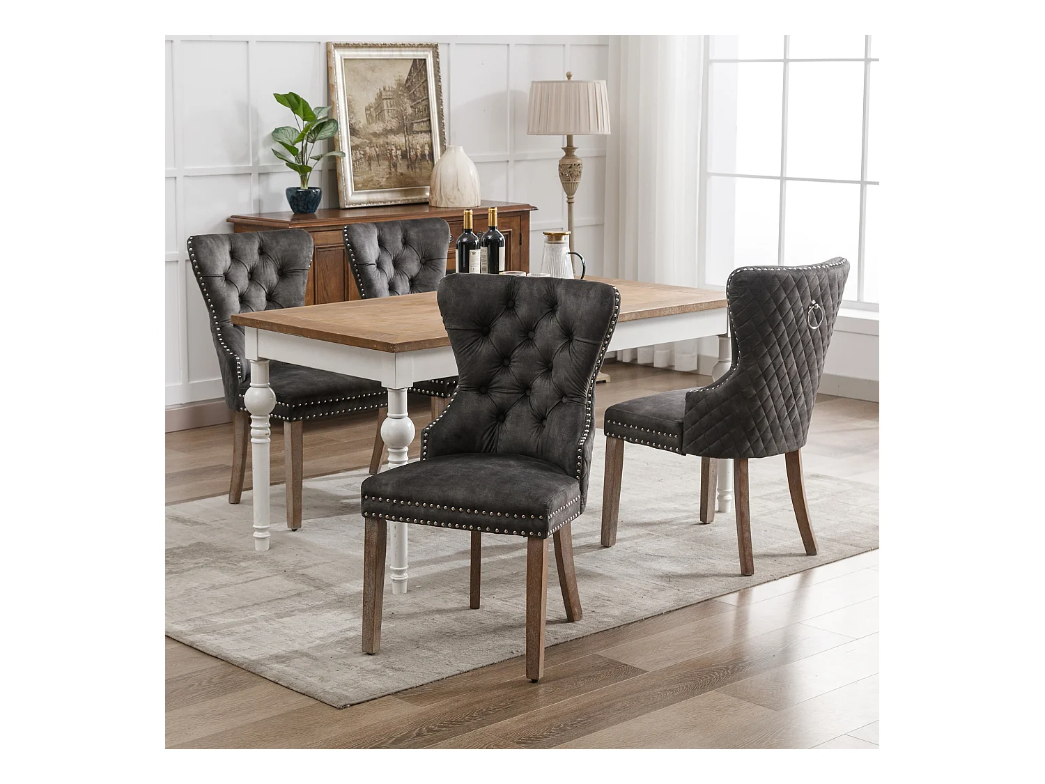 Chaise de salle à manger avec tirage circulaire au dos, en velours, pieds en bois massif, gris (53x46.5x95 cm)