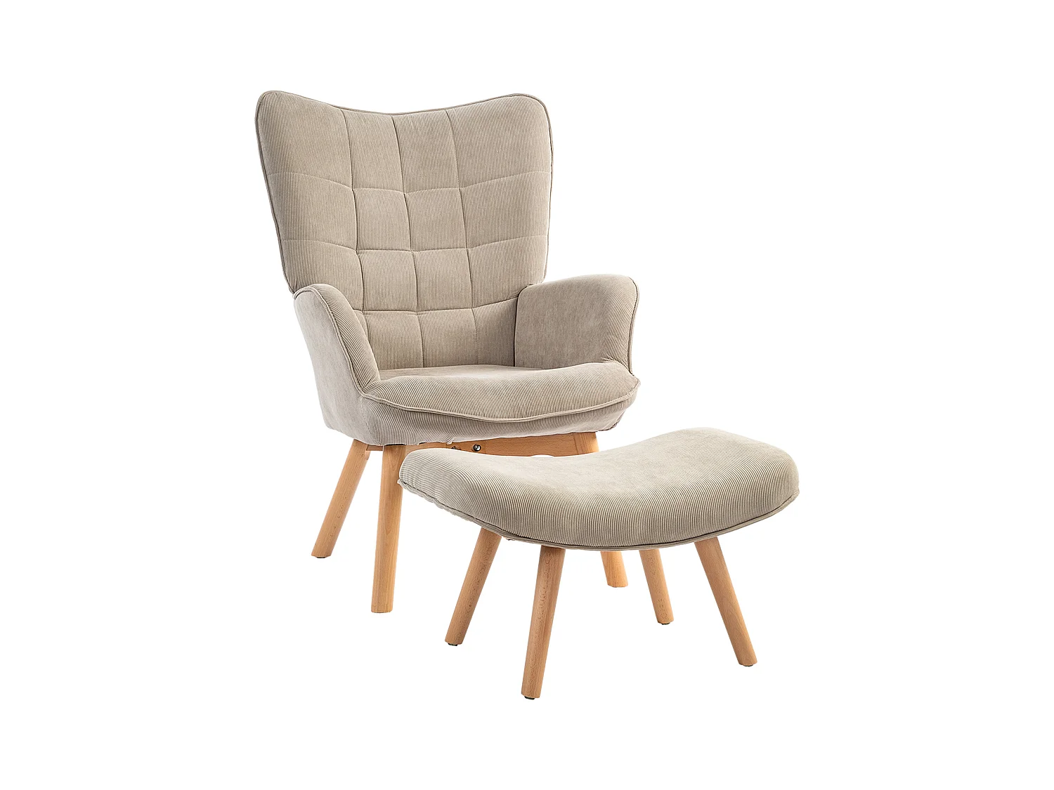Fauteuil relax avec pouf, design en velours côtelé, bois, vert kaki (80x72x101 cm)