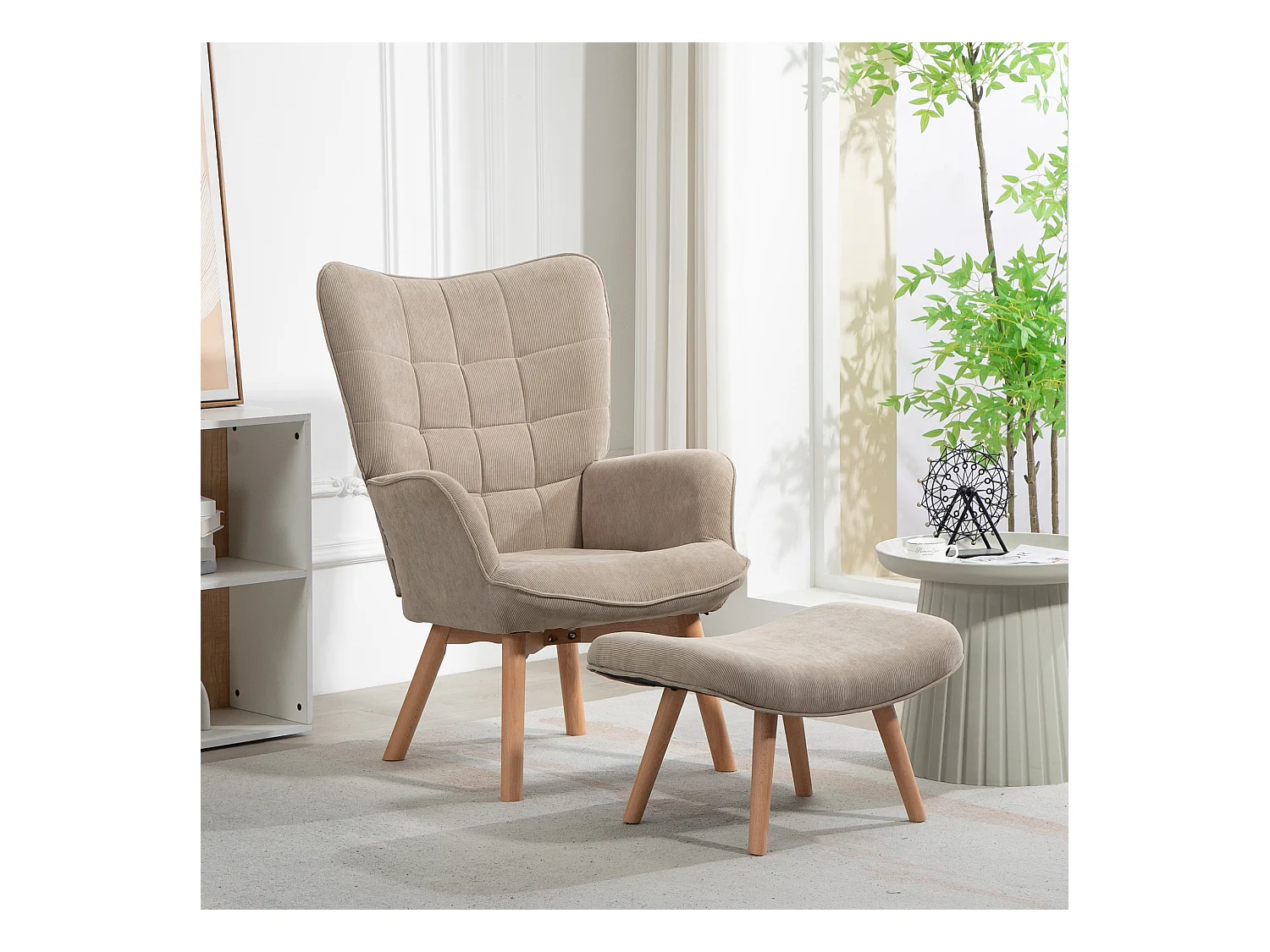 Fauteuil relax avec pouf, design en velours côtelé, bois, vert kaki (80x72x101 cm)