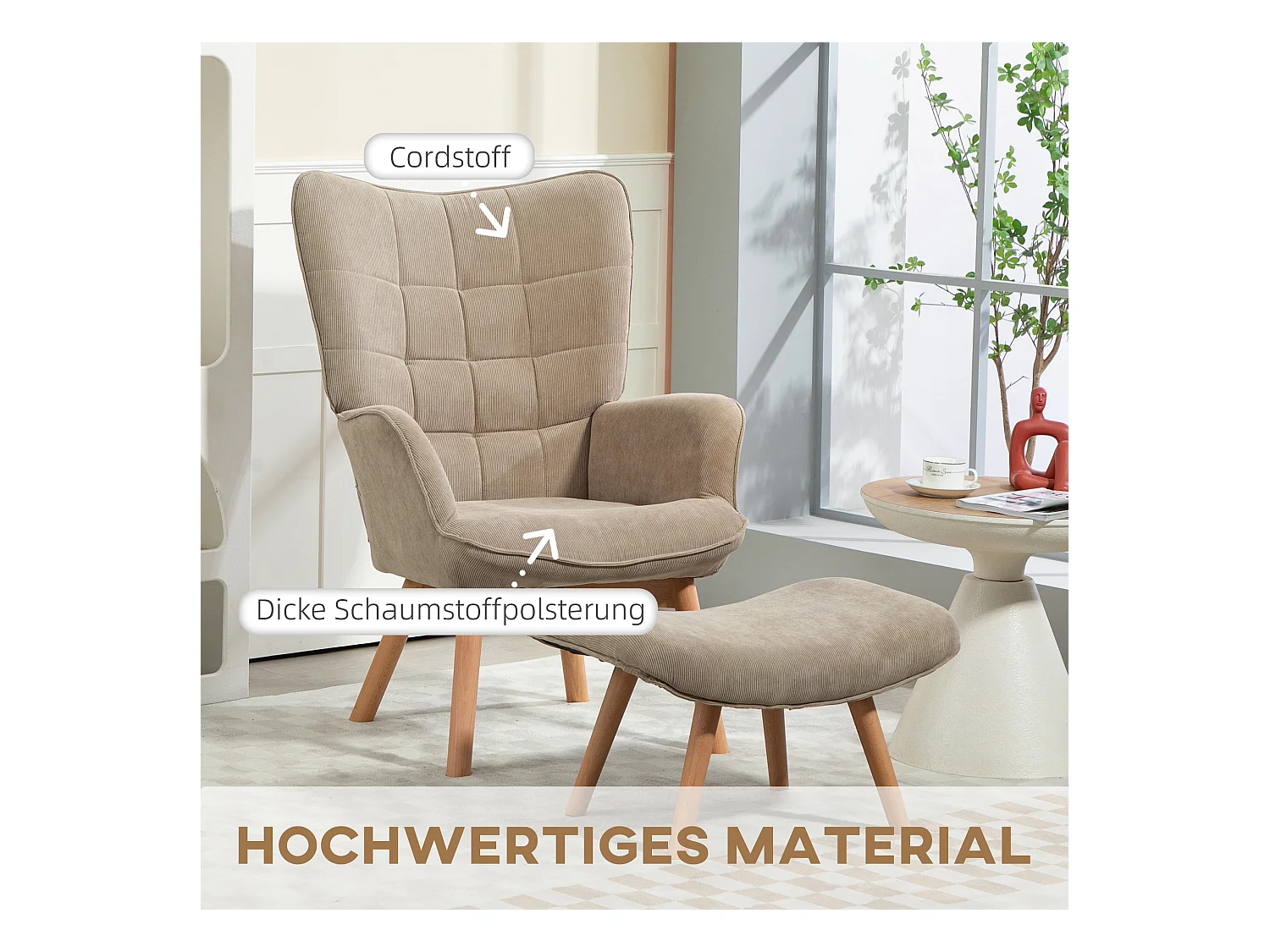 Fauteuil relax avec pouf, design en velours côtelé, bois, vert kaki (80x72x101 cm)