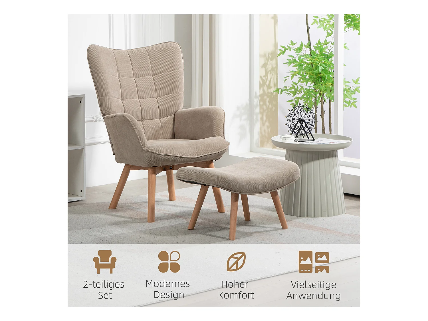 Fauteuil relax avec pouf, design en velours côtelé, bois, vert kaki (80x72x101 cm)
