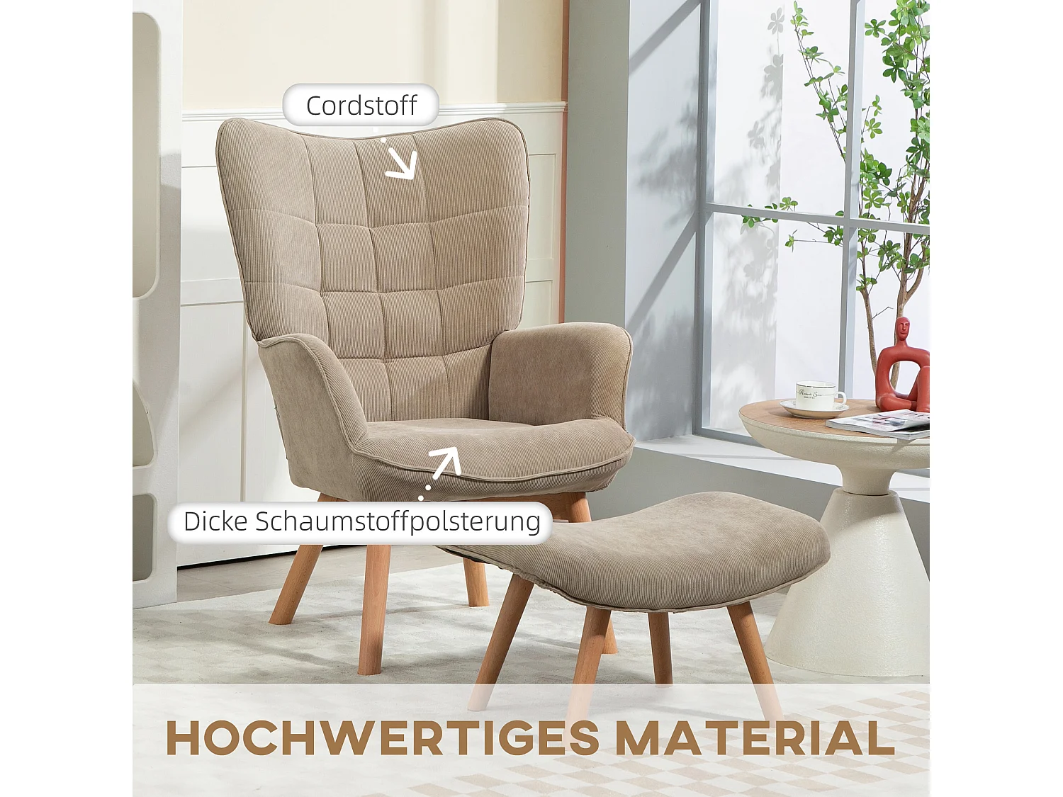 Fauteuil relax avec pouf, design en velours côtelé, bois, vert kaki (80x72x101 cm)