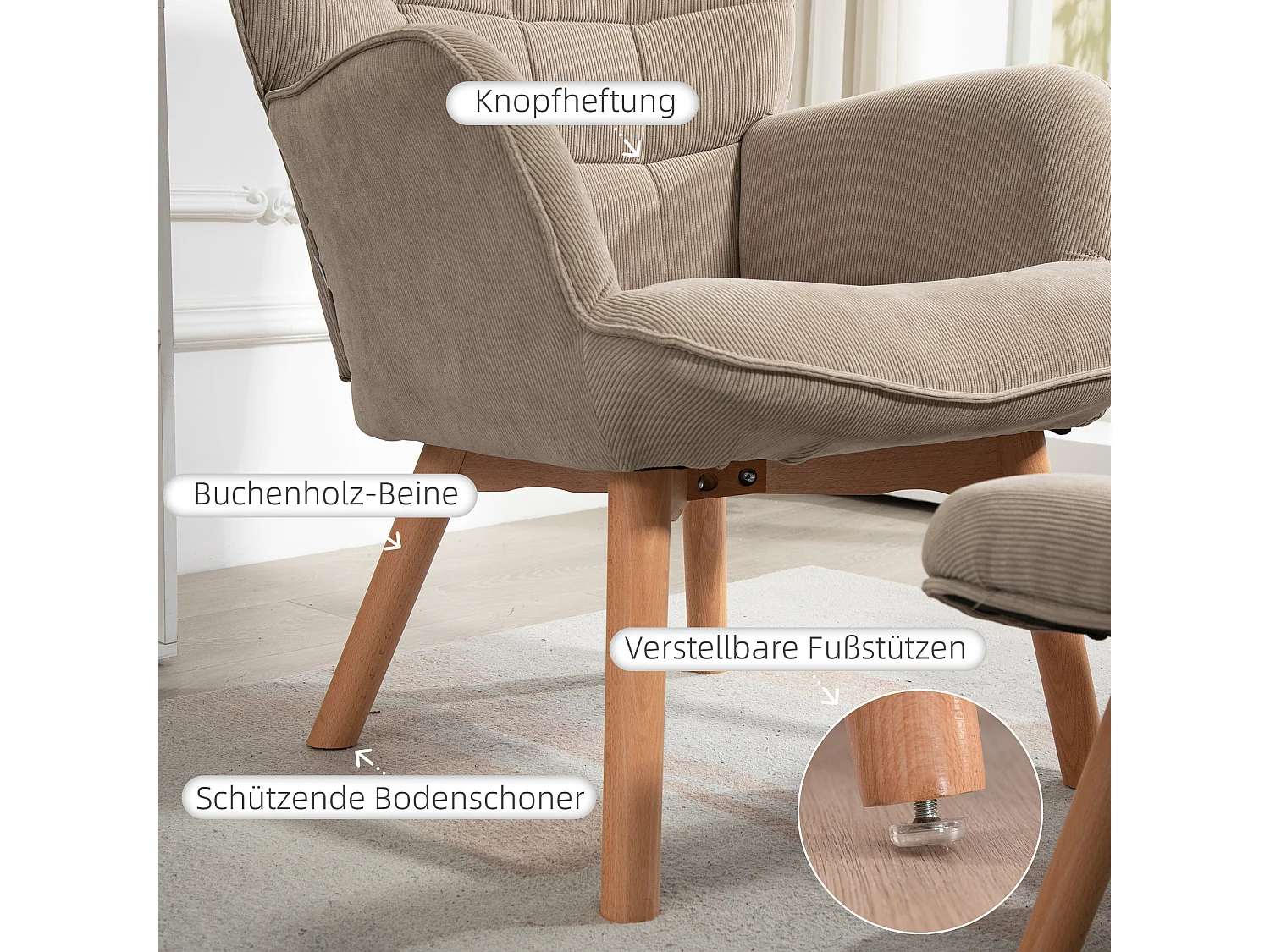 Fauteuil relax avec pouf, design en velours côtelé, bois, vert kaki (80x72x101 cm)