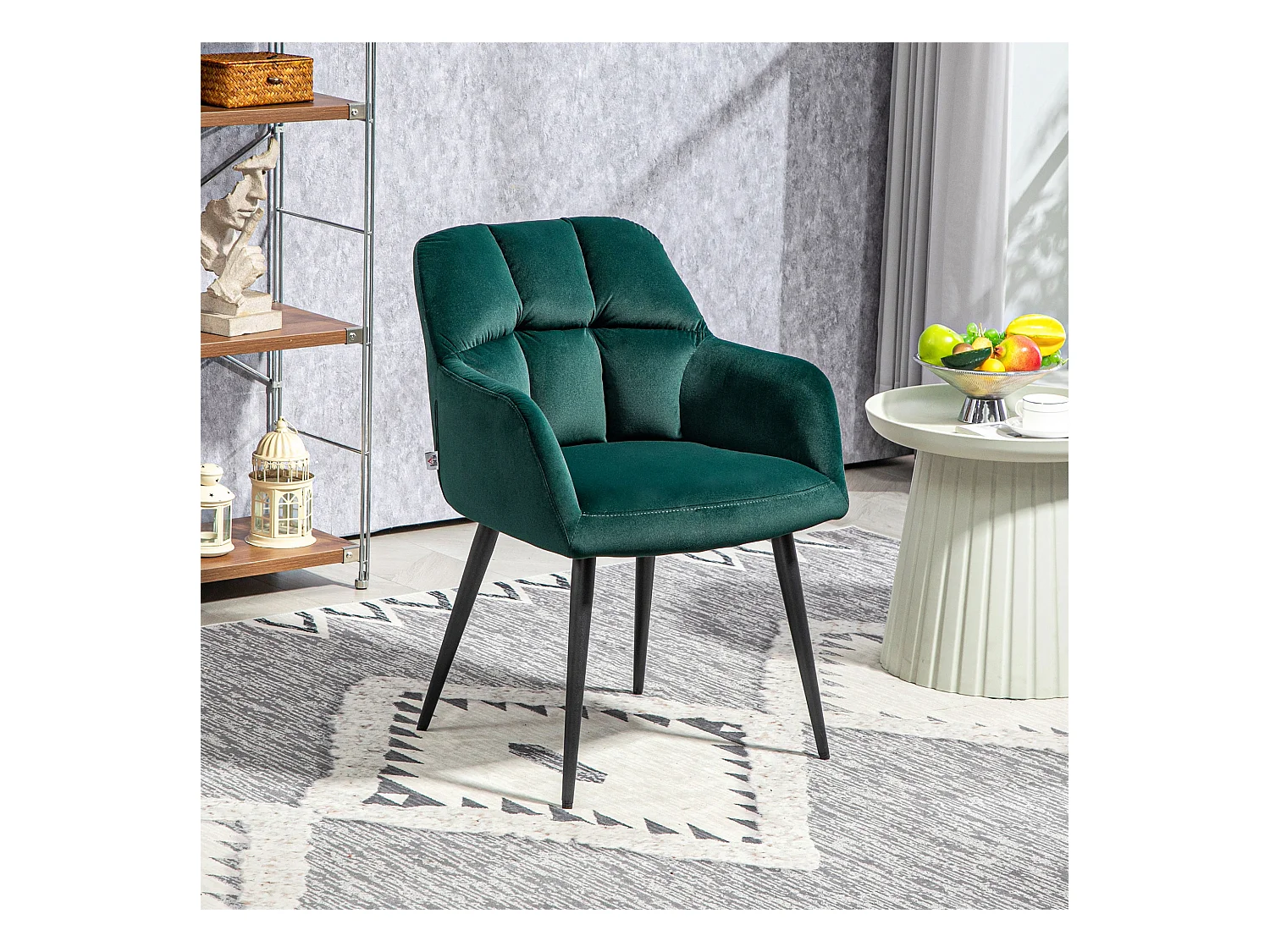 Fauteuil lounge avec accoudoirs, revêtement velours, pieds acier, vert foncé (59x58.5x78.5cm)