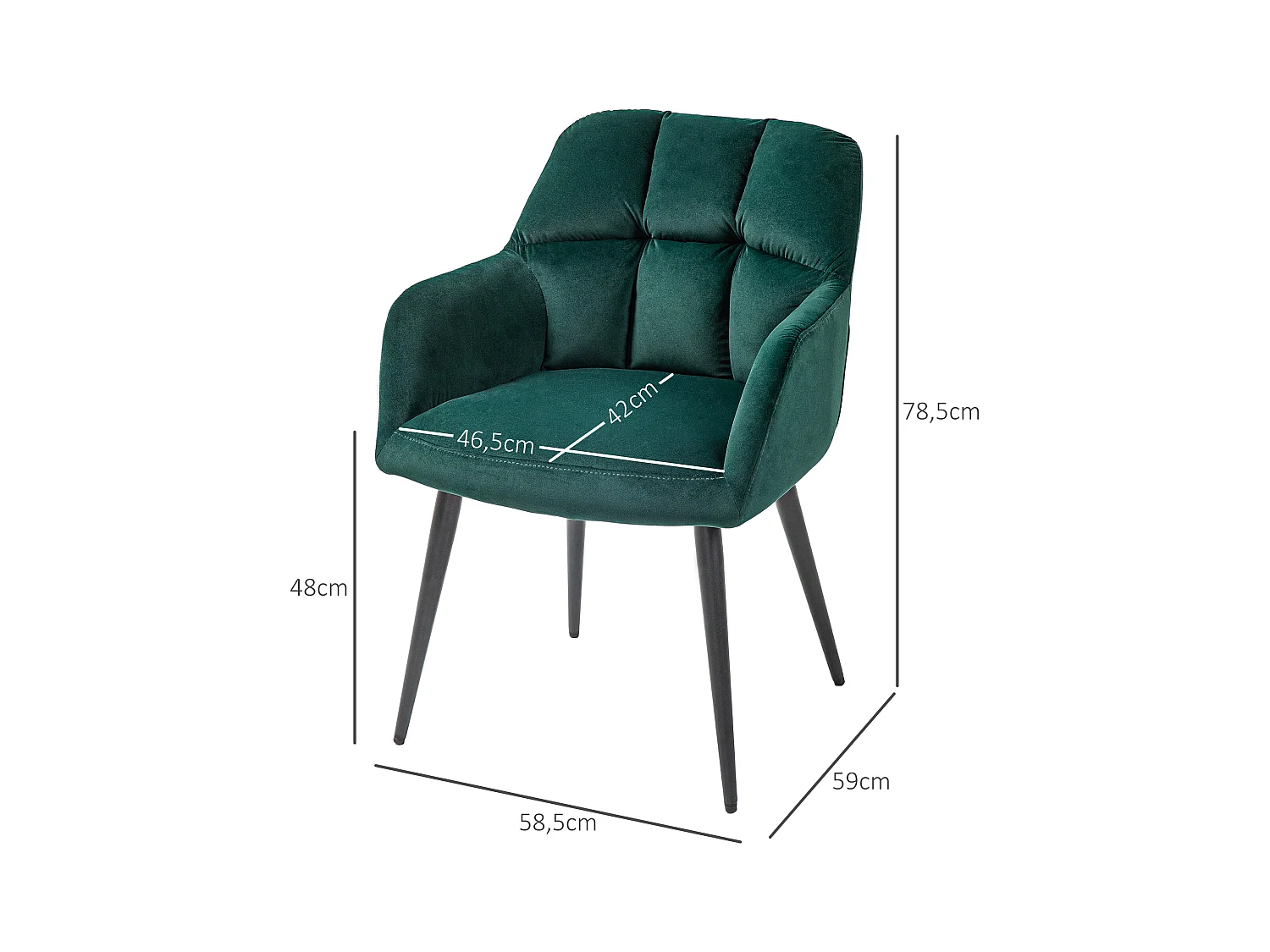 Fauteuil lounge avec accoudoirs, revêtement velours, pieds acier, vert foncé (59x58.5x78.5cm)