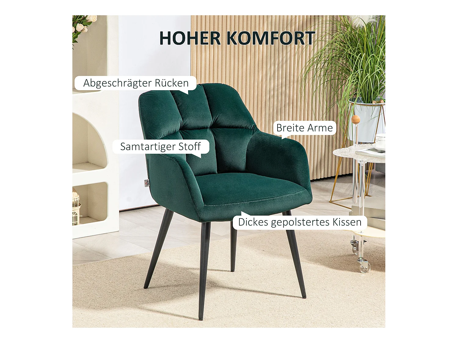 Fauteuil lounge avec accoudoirs, revêtement velours, pieds acier, vert foncé (59x58.5x78.5cm)