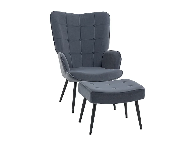 Poltrona relax con pouf, tessuto in velluto, braccioli, acciaio, grigio scuro (71x77x99 cm)