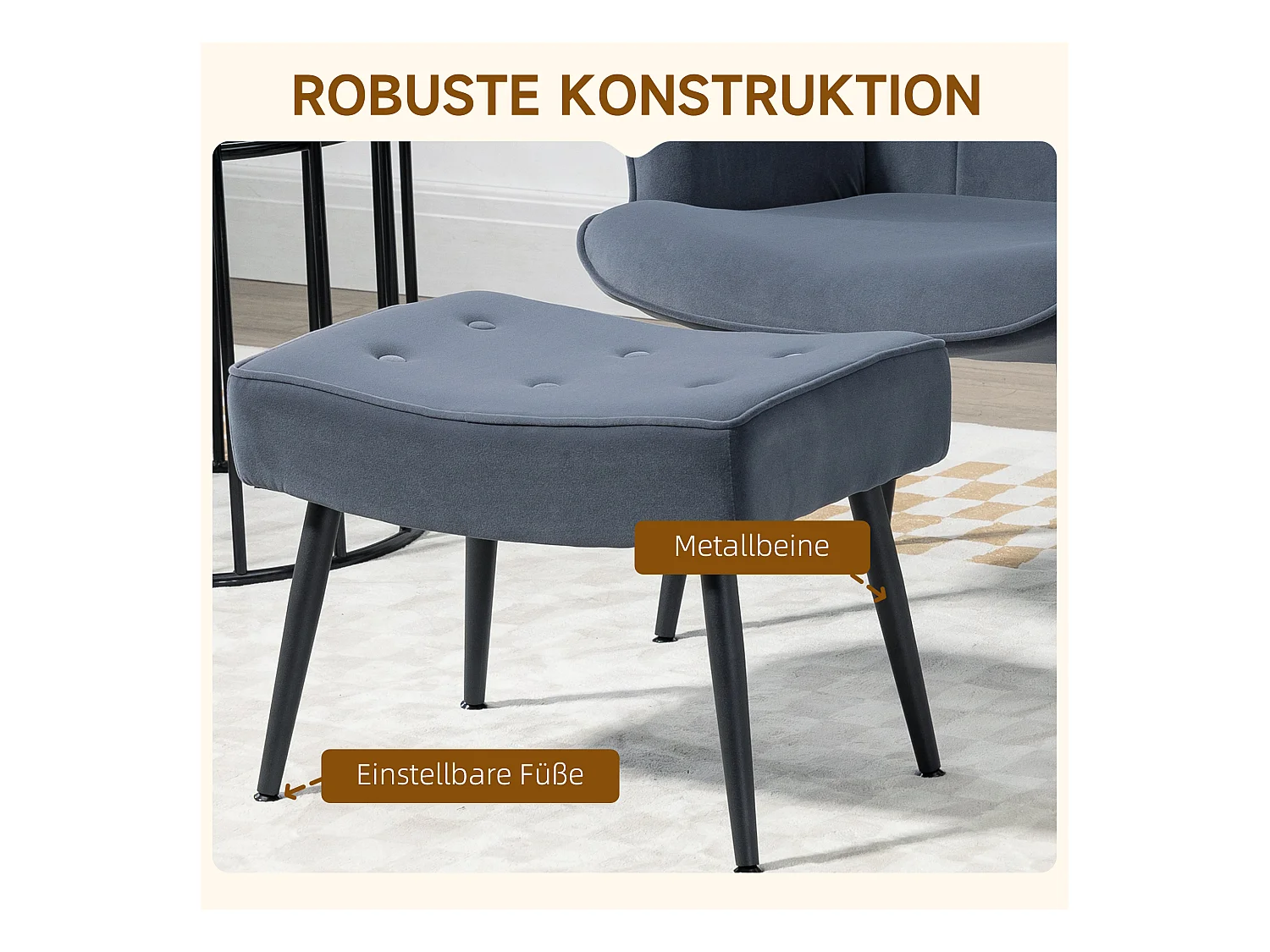 Fauteuil relax avec ottoman, tissu velours, accoudoirs, acier, gris foncé (71x77x99 cm)