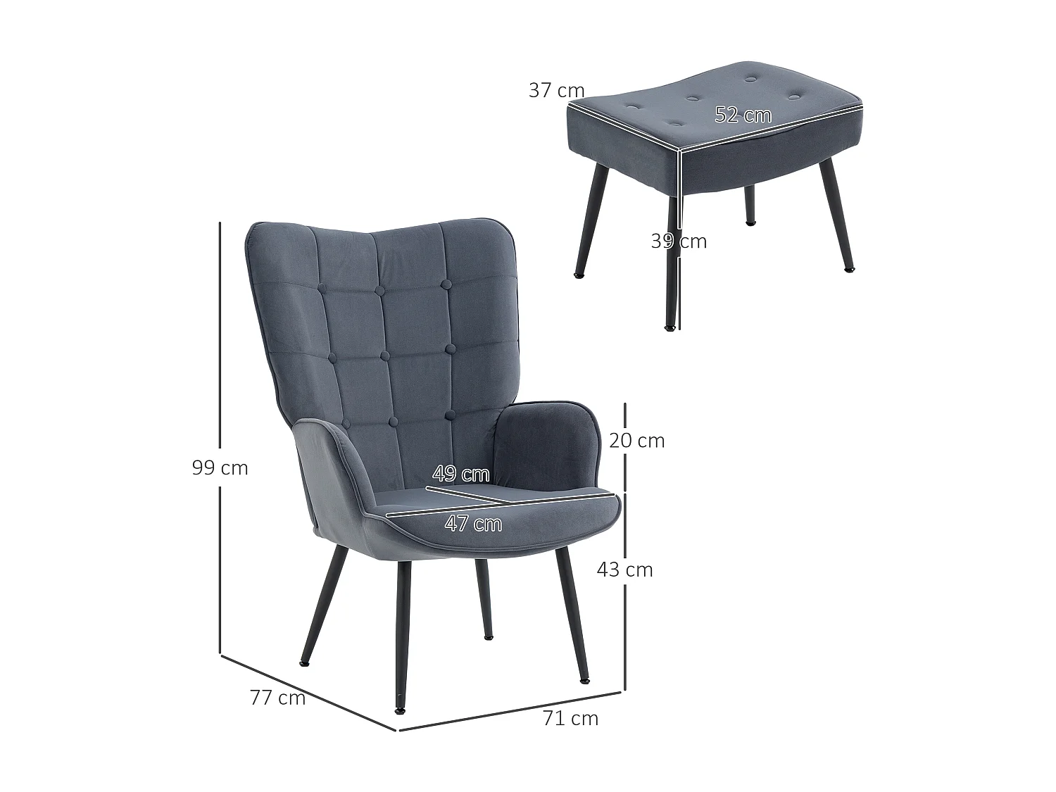 Fauteuil relax avec ottoman, tissu velours, accoudoirs, acier, gris foncé (71x77x99 cm)