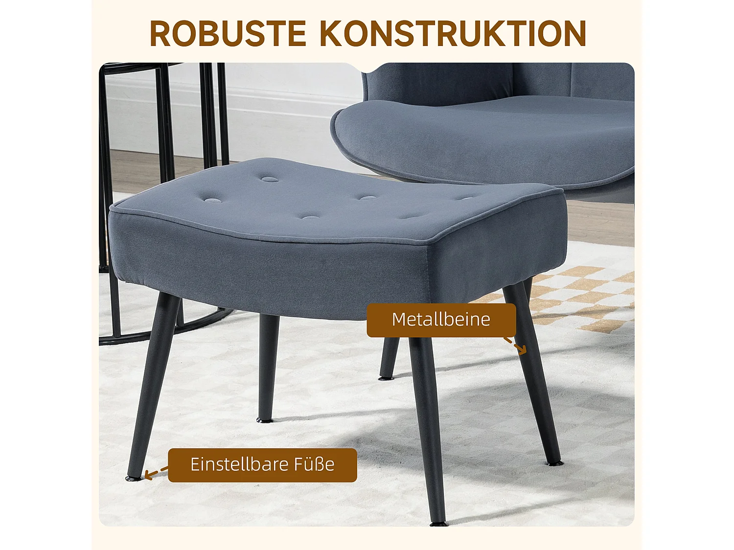 Fauteuil relax avec ottoman, tissu velours, accoudoirs, acier, gris foncé (71x77x99 cm)