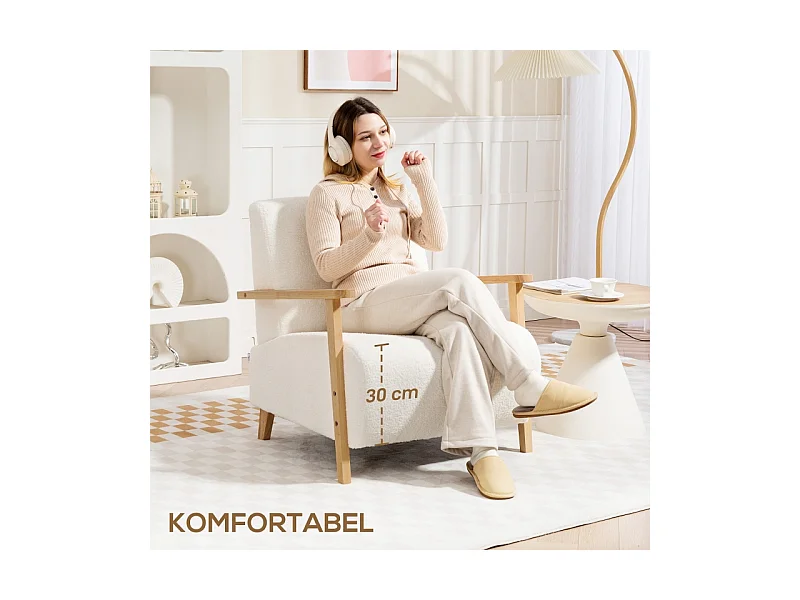 Fauteuil lounge avec accoudoirs, rembourré, tissu Sherpa, pieds en bois, crème (76x74.5x78 cm)