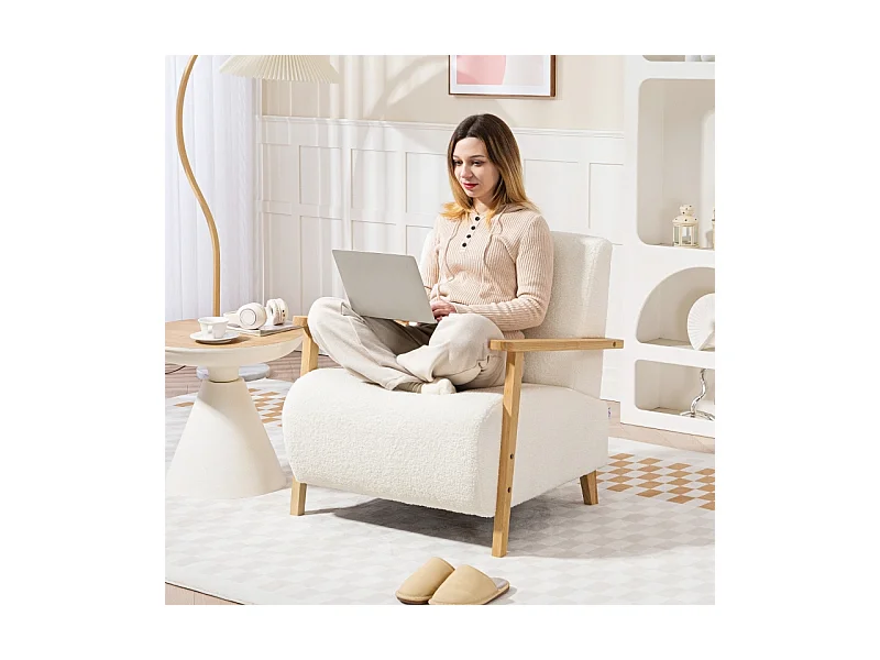 Fauteuil lounge avec accoudoirs, rembourré, tissu Sherpa, pieds en bois, crème (76x74.5x78 cm)