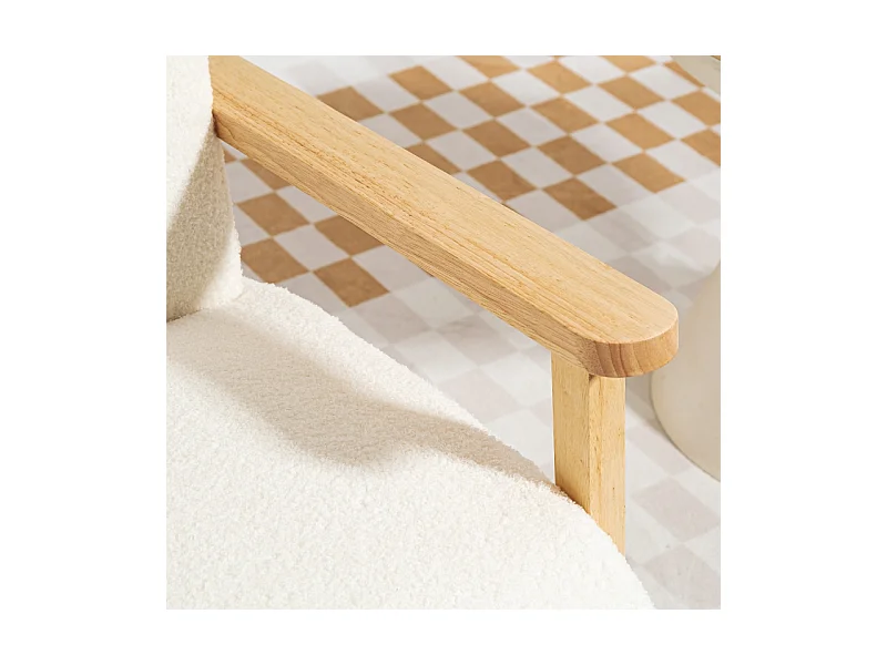 Fauteuil lounge avec accoudoirs, rembourré, tissu Sherpa, pieds en bois, crème (76x74.5x78 cm)