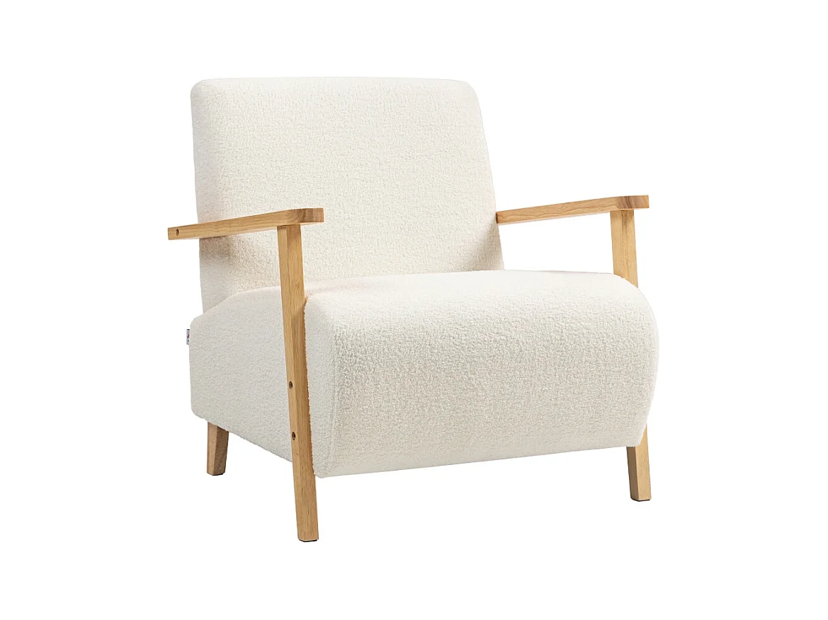 Loungestoel met armleuningen, gestoffeerd, Sherpa-stof, houten poten, crème (76x74,5x78 cm)