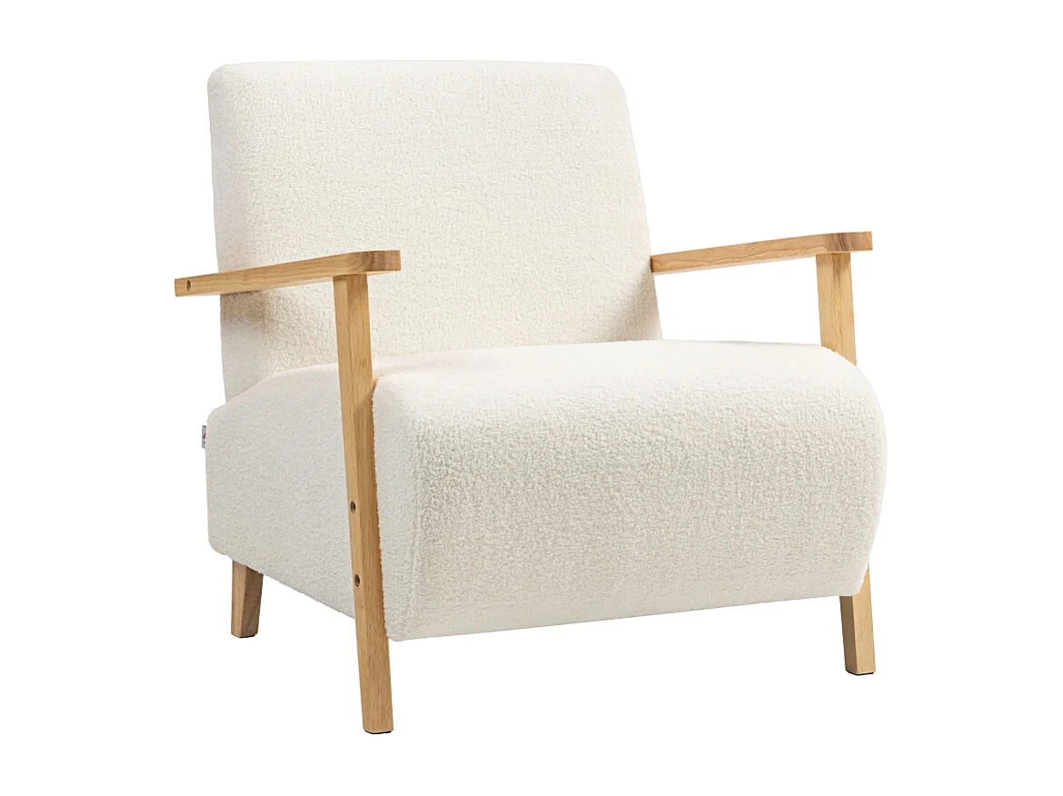 Fauteuil lounge avec accoudoirs, rembourré, tissu Sherpa, pieds en bois, crème (76x74.5x78 cm)