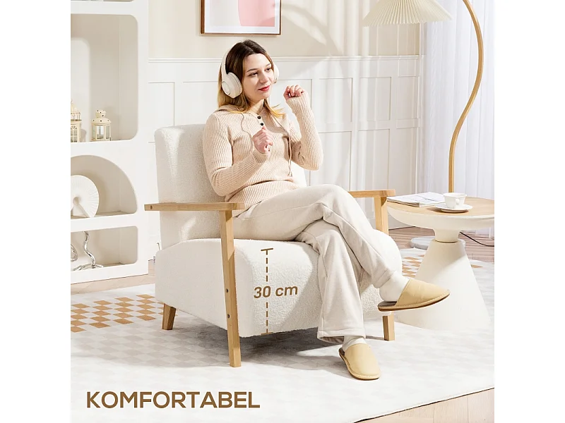 Fauteuil lounge avec accoudoirs, rembourré, tissu Sherpa, pieds en bois, crème (76x74.5x78 cm)