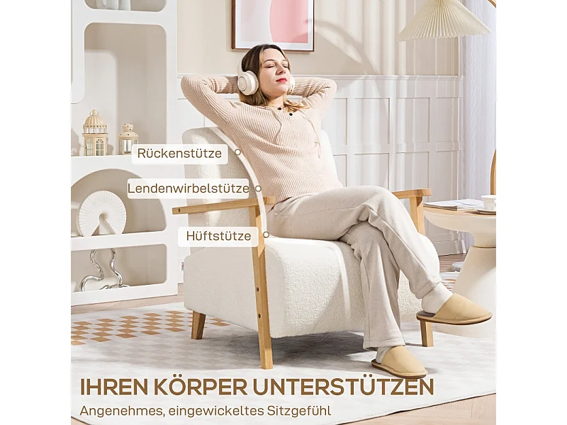 Fauteuil lounge avec accoudoirs, rembourré, tissu Sherpa, pieds en bois, crème (76x74.5x78 cm)