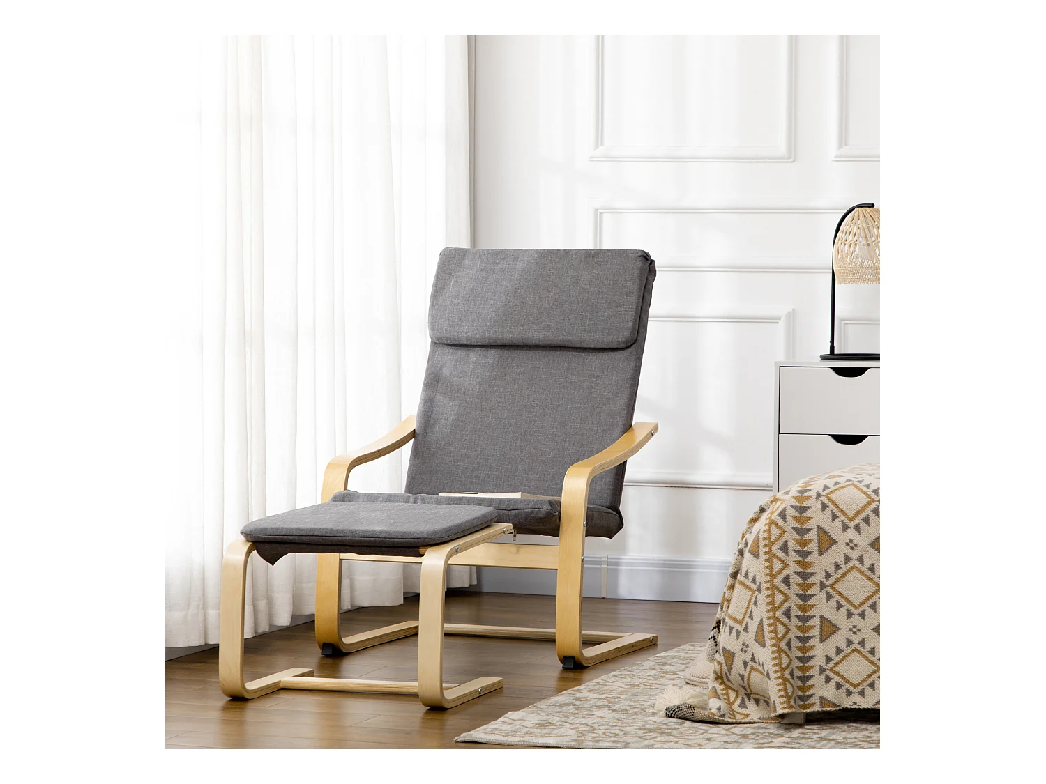 Relaxfauteuil met voetenbankje, linnen, grijs, armleuningen, compact en comfortabel design (66,5x80x99cm)