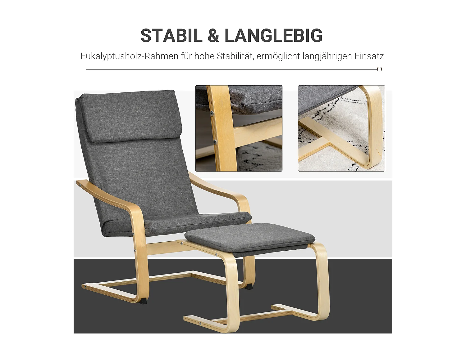 Relaxfauteuil met voetenbankje, linnen, grijs, armleuningen, compact en comfortabel design (66,5x80x99cm)