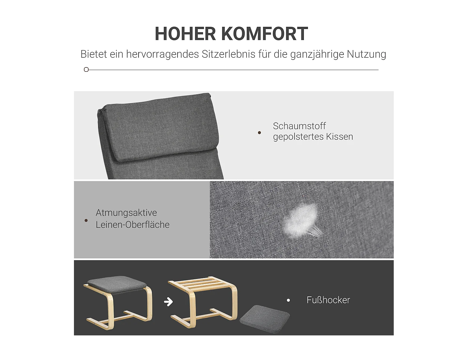 Fauteuil relax avec repose-pieds, lin, gris, accoudoirs, design compact et confortable (66.5x80x99cm)