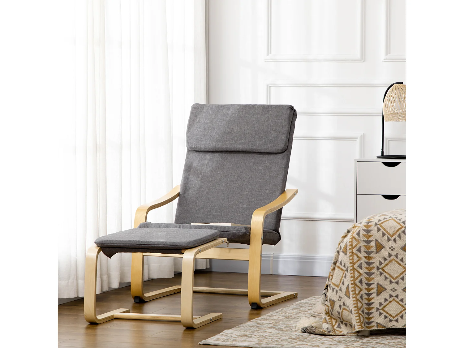 Fauteuil relax avec repose-pieds, lin, gris, accoudoirs, design compact et confortable (66.5x80x99cm)