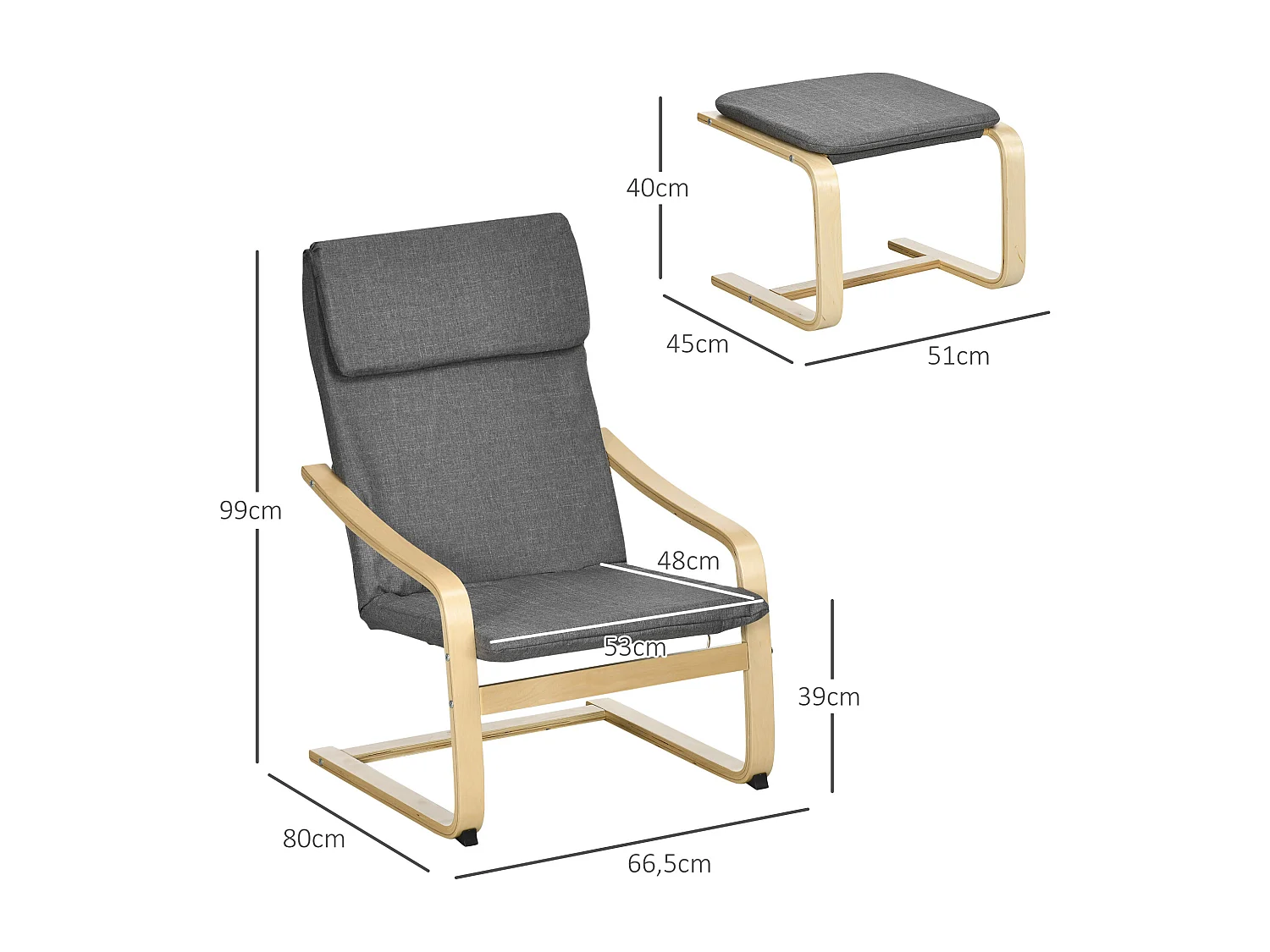 Fauteuil relax avec repose-pieds, lin, gris, accoudoirs, design compact et confortable (66.5x80x99cm)
