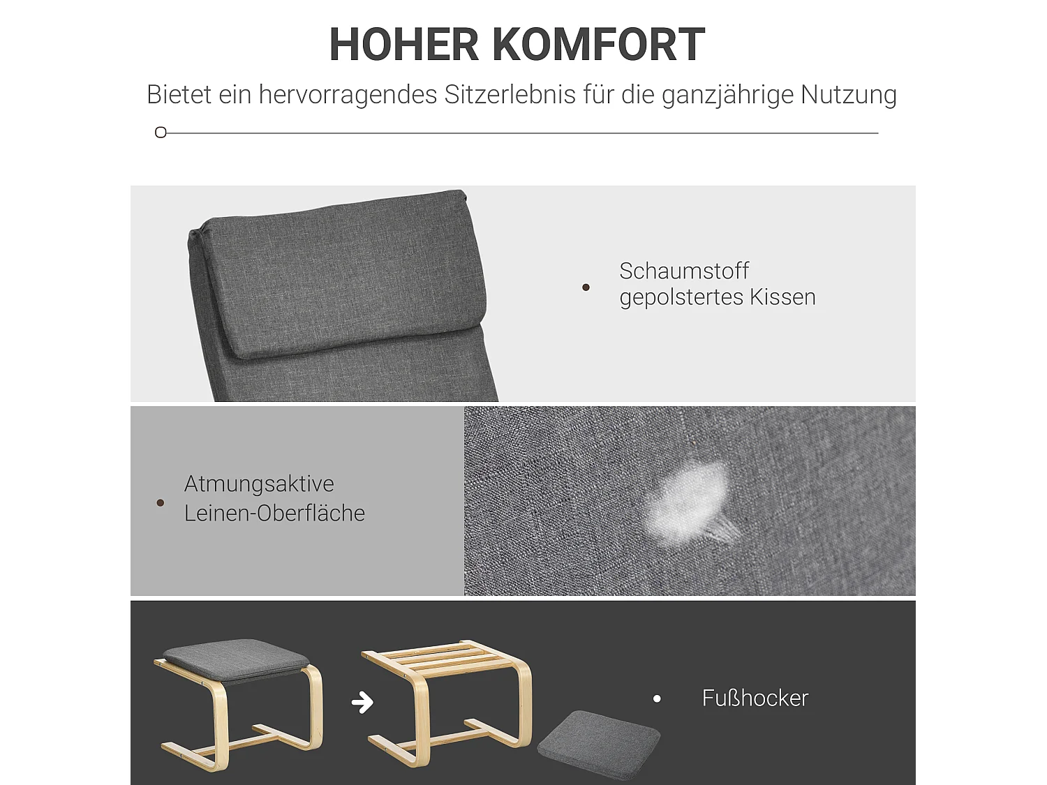 Fauteuil relax avec repose-pieds, lin, gris, accoudoirs, design compact et confortable (66.5x80x99cm)