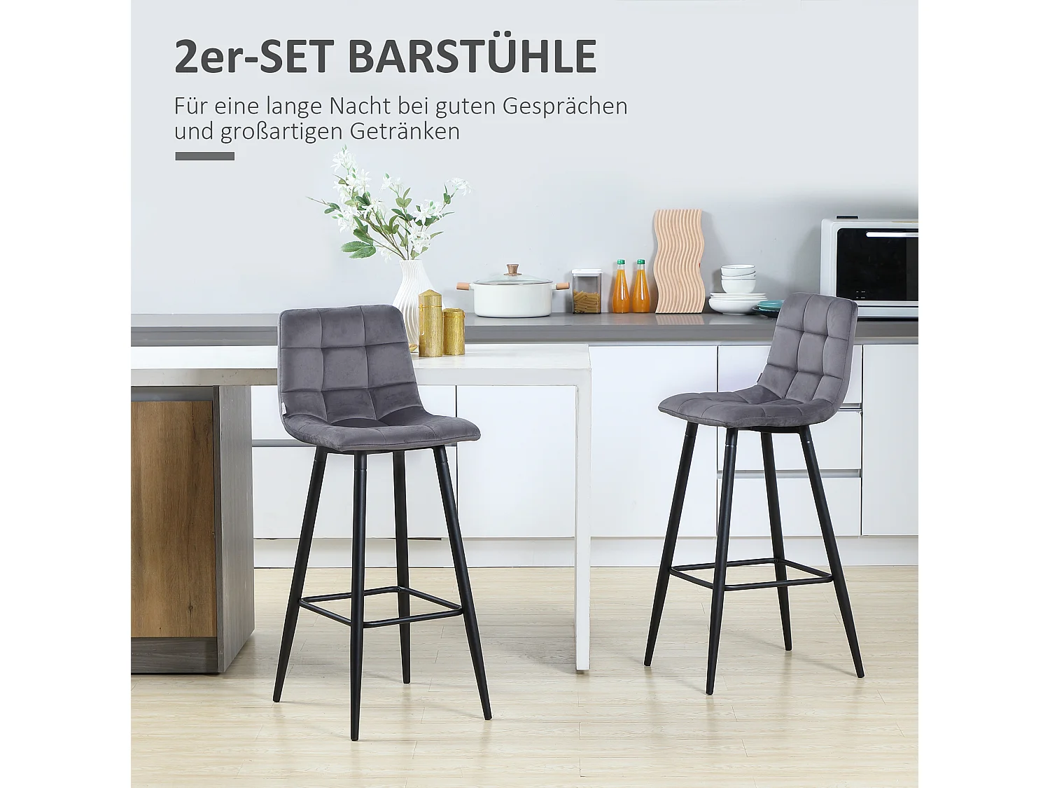 Tabouret de bar 2 pièces, design moderne, tissu en velours, pieds en acier, gris (42x47x105 cm)