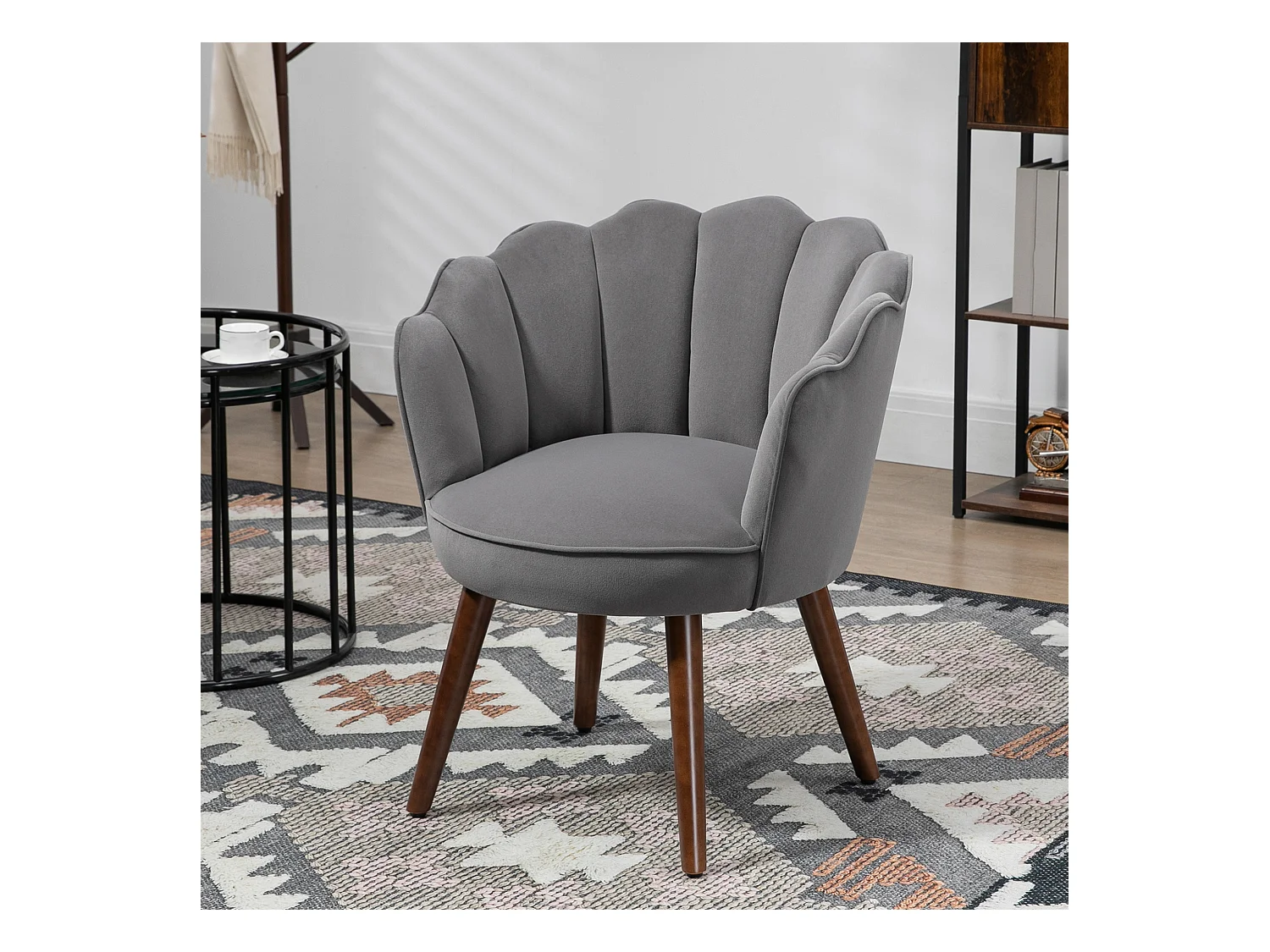 Eetkamerstoel met armleuningen, modern design, polyester, rubberhout, grijs (66x72x79 cm)