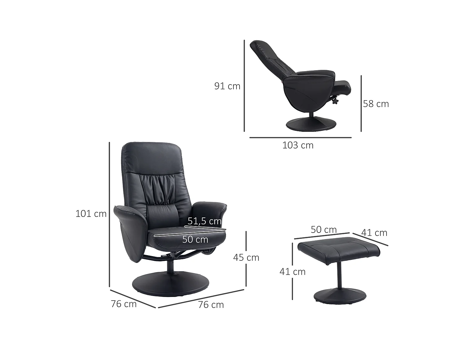Fauteuil relax avec repose-pieds, fonction inclinable, en similicuir, noir (76x81x101 cm)