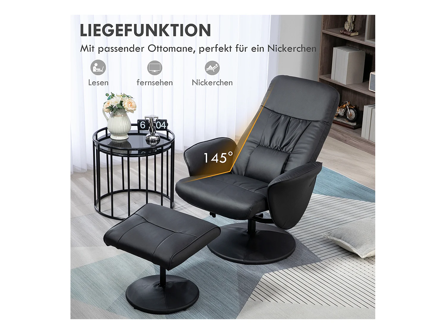 Fauteuil relax avec repose-pieds, fonction inclinable, en similicuir, noir (76x81x101 cm)
