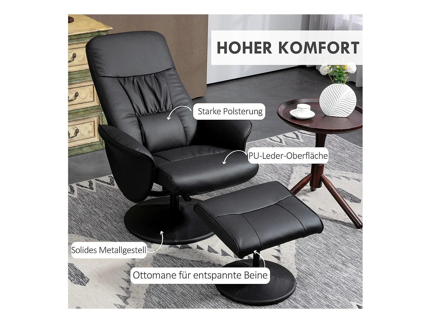 Fauteuil relax avec repose-pieds, fonction inclinable, en similicuir, noir (76x81x101 cm)