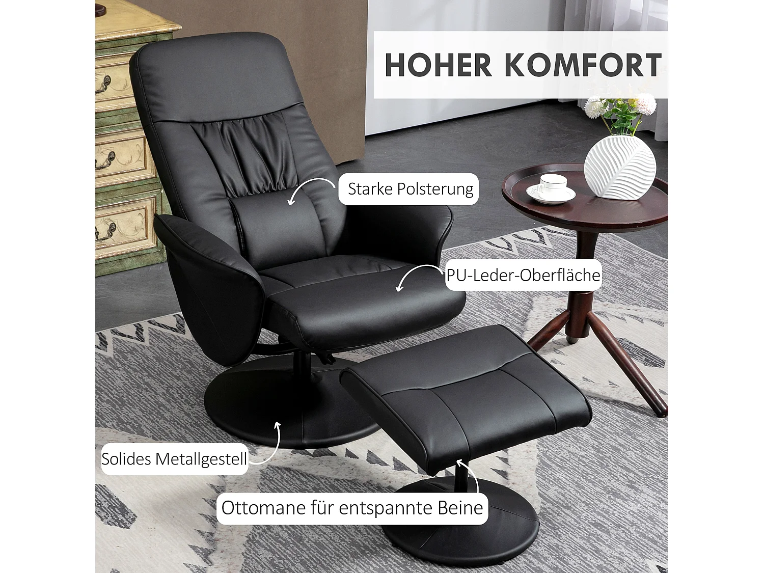 Fauteuil relax avec repose-pieds, fonction inclinable, en similicuir, noir (76x81x101 cm)