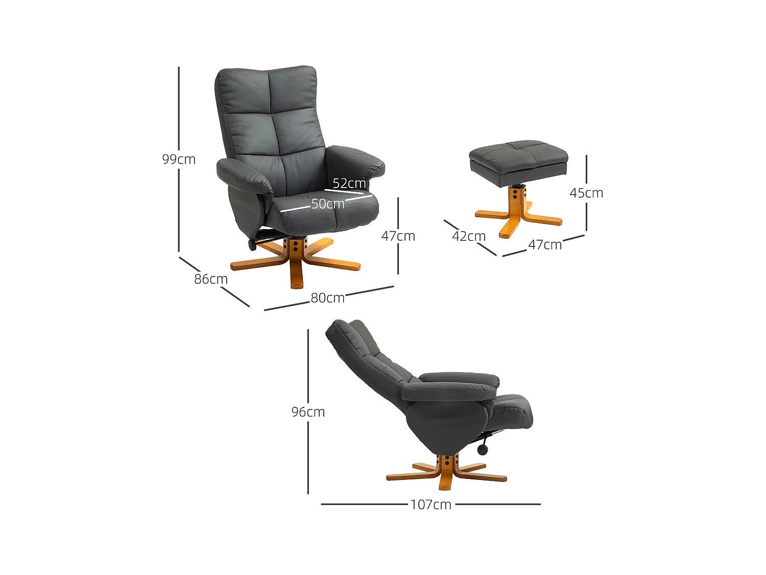 Fauteuil relax pivotant avec repose-pieds, fonction inclinable, cuir synthétique, gris foncé (80x86x99 cm)