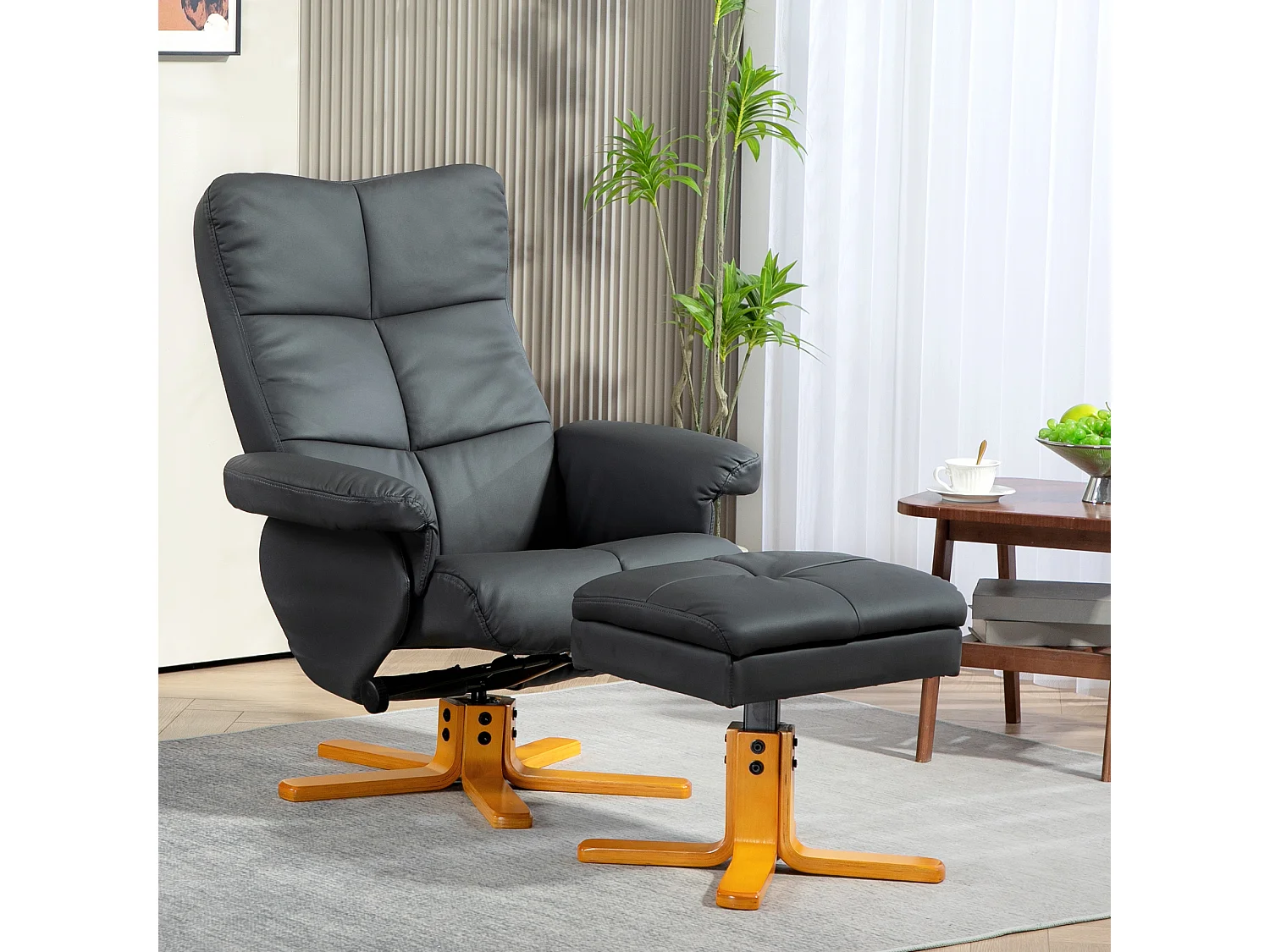 Fauteuil relax pivotant avec repose-pieds, fonction inclinable, cuir synthétique, gris foncé (80x86x99 cm)