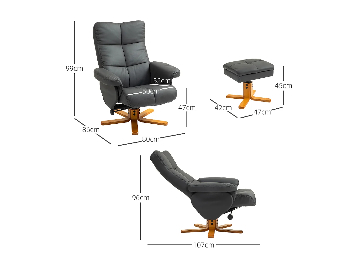 Fauteuil relax pivotant avec repose-pieds, fonction inclinable, cuir synthétique, gris foncé (80x86x99 cm)