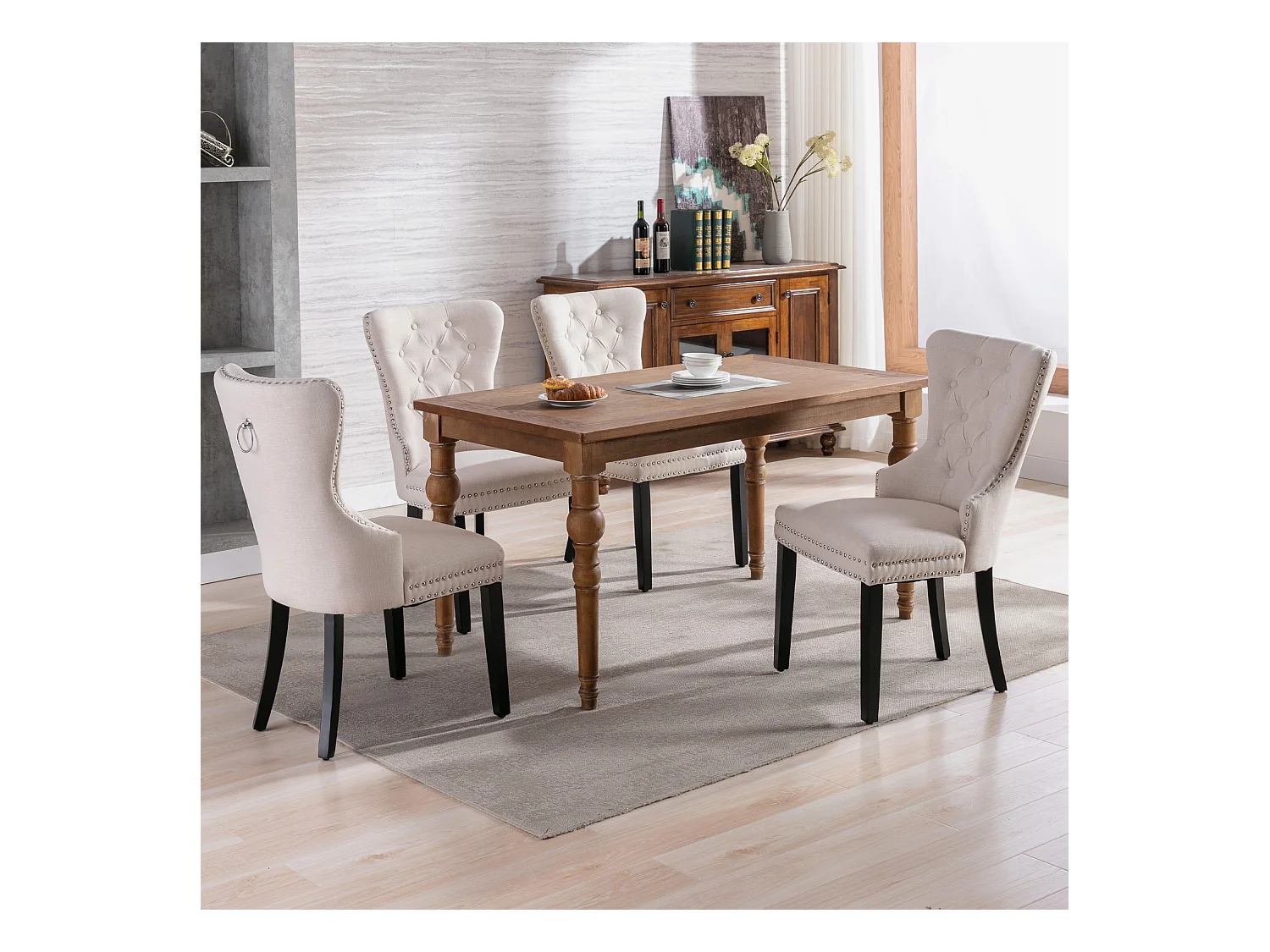 Silla de comedor, silla de dormitorio con patas de roble, botones, tachuelas cromadas, tela de lino, beige (L50xP54xH97 cm), 4 piezas