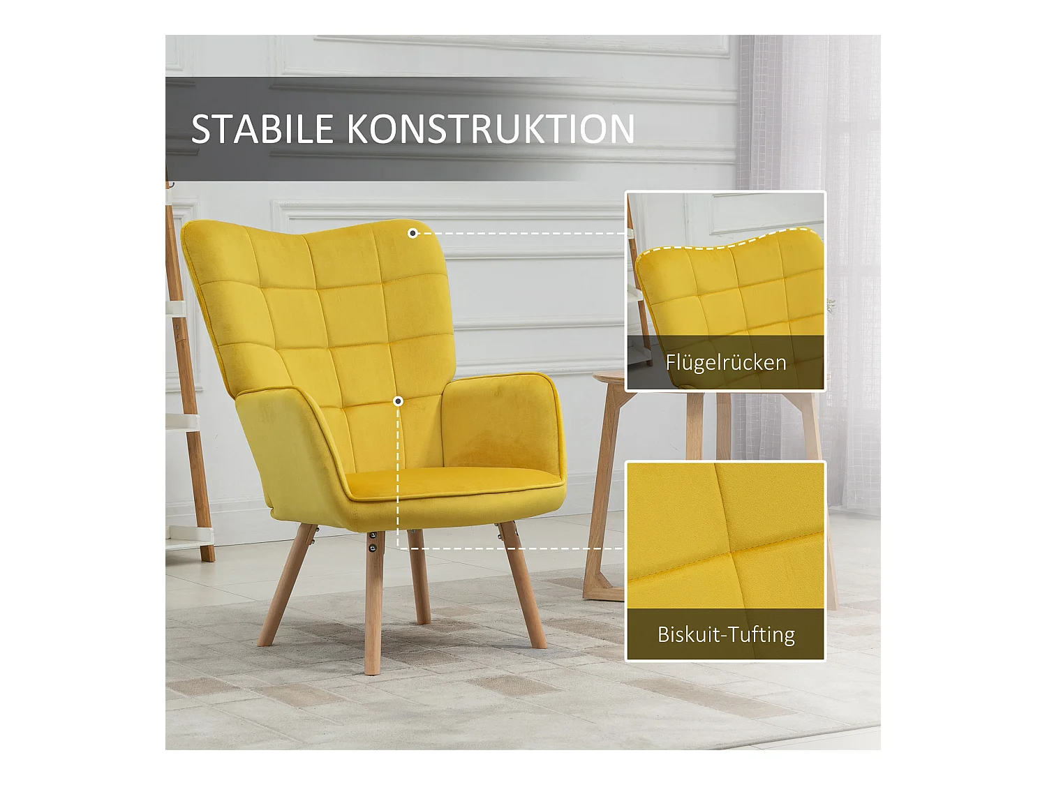 Loungestoel, kussenontwerp, houten poten, fluweel, geel (71x76x101 cm)