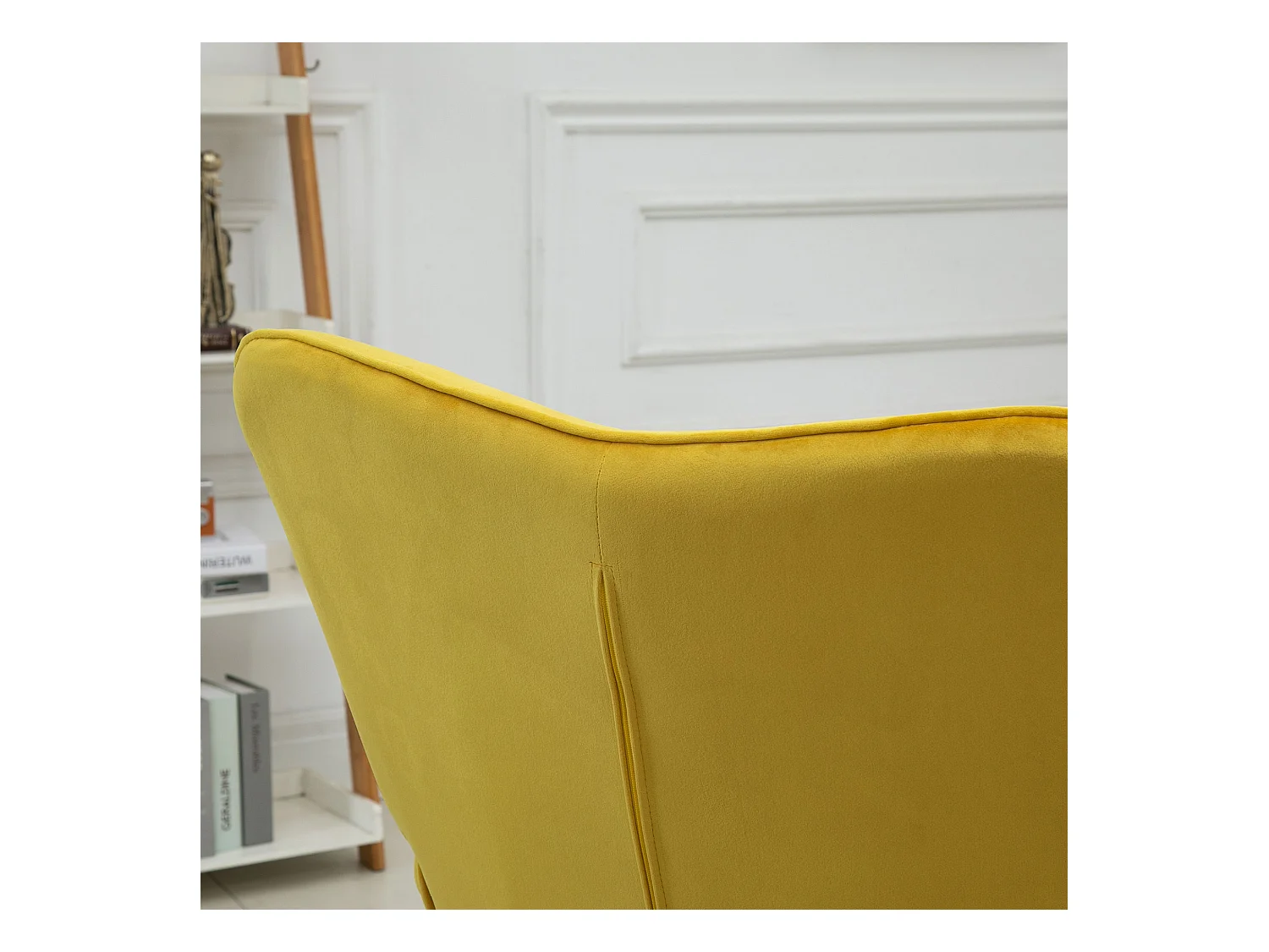 Loungestoel, kussenontwerp, houten poten, fluweel, geel (71x76x101 cm)