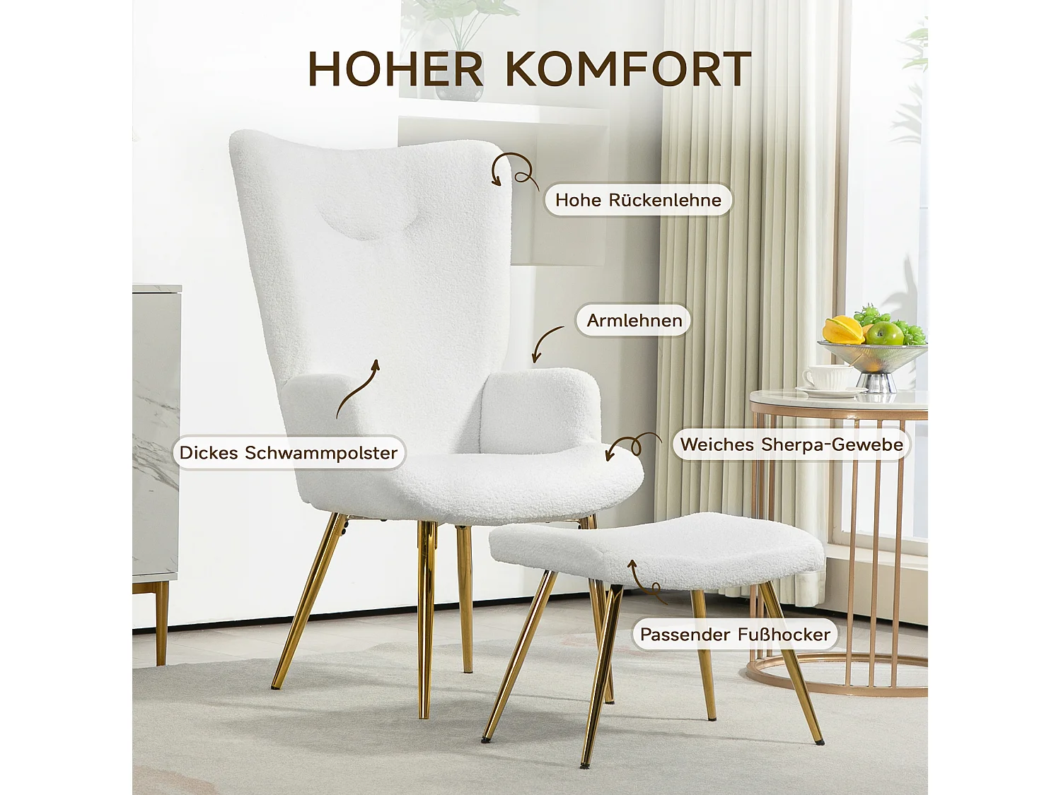 Poltrona relax con poggiapiedi, design moderno, microfibra, bianco (73x68x111 cm)