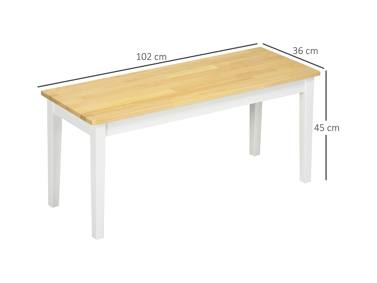 Banc de cuisine 2 places en bois de pin, design moderne, blanc (102x36x45 cm)