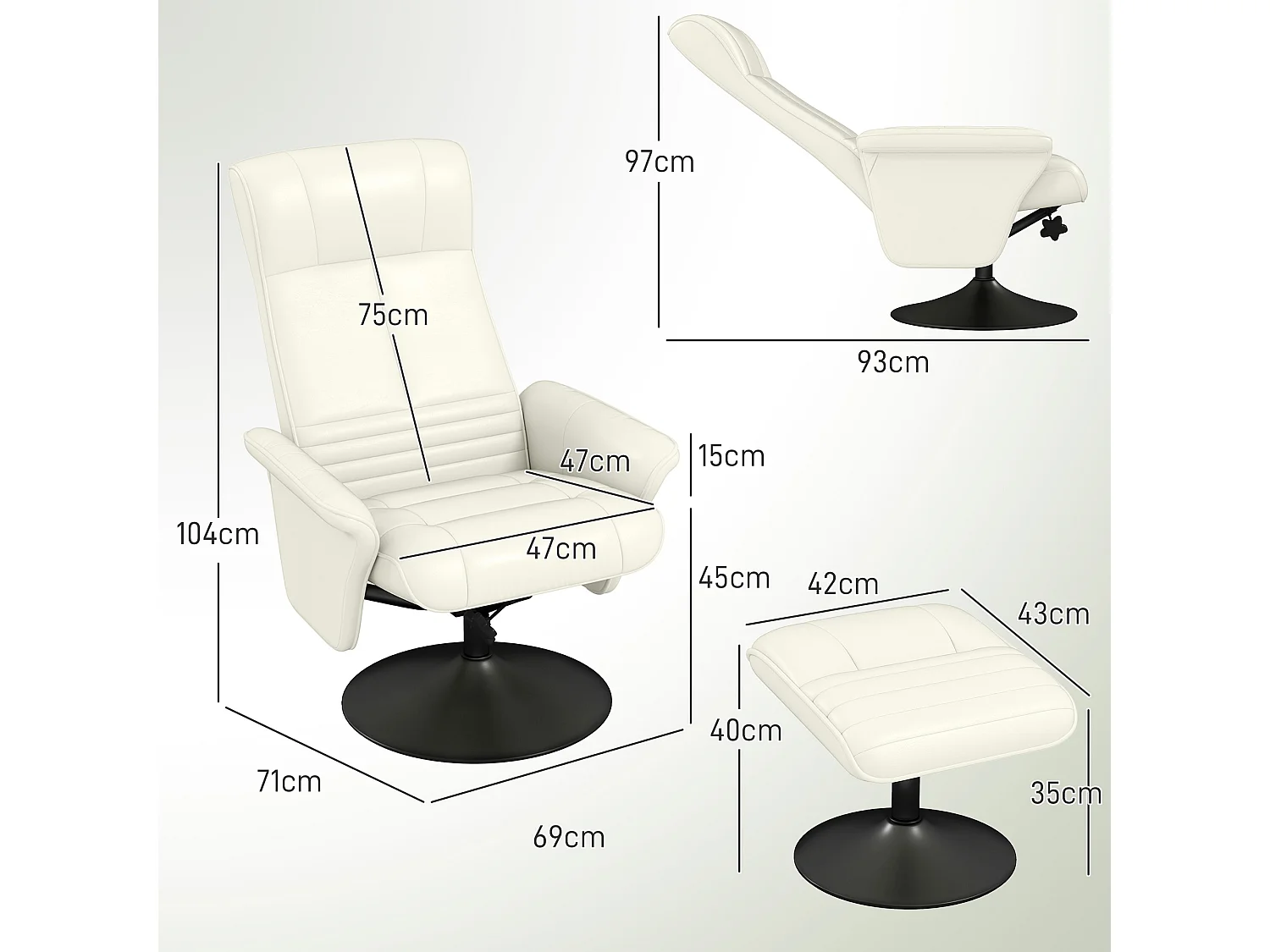 Fauteuil relax avec repose-pieds, pivotant à 360°, fonction de basculement, en tissu microfibre, crème (69x71x104 cm)