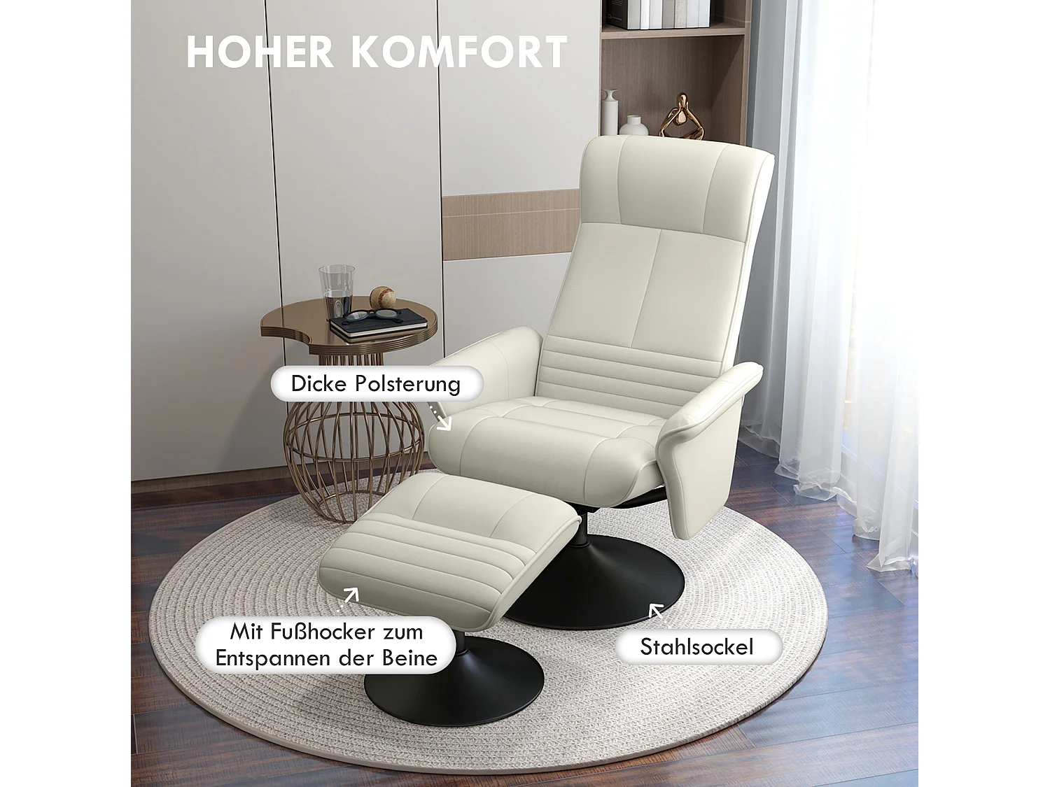 Fauteuil relax avec repose-pieds, pivotant à 360°, fonction de basculement, en tissu microfibre, crème (69x71x104 cm)