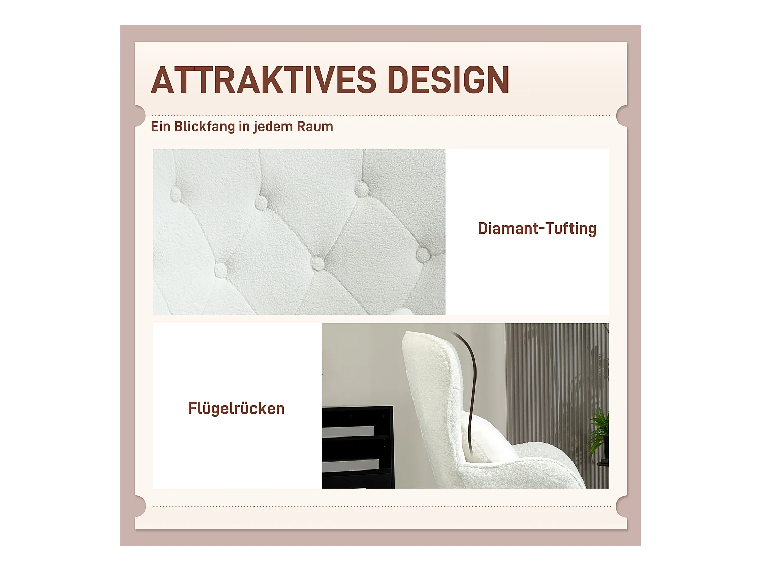 Fauteuil relax, avec coussin lombaire, tissu teddy, pieds en bois, dossier capitonné, blanc (88x75x106 cm)