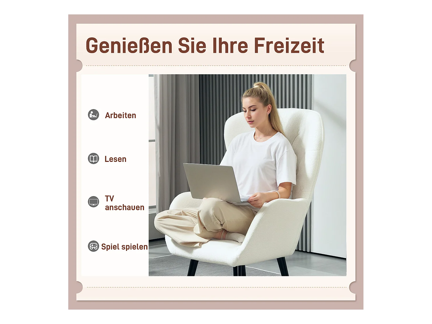 Fauteuil relax, avec coussin lombaire, tissu teddy, pieds en bois, dossier capitonné, blanc (88x75x106 cm)