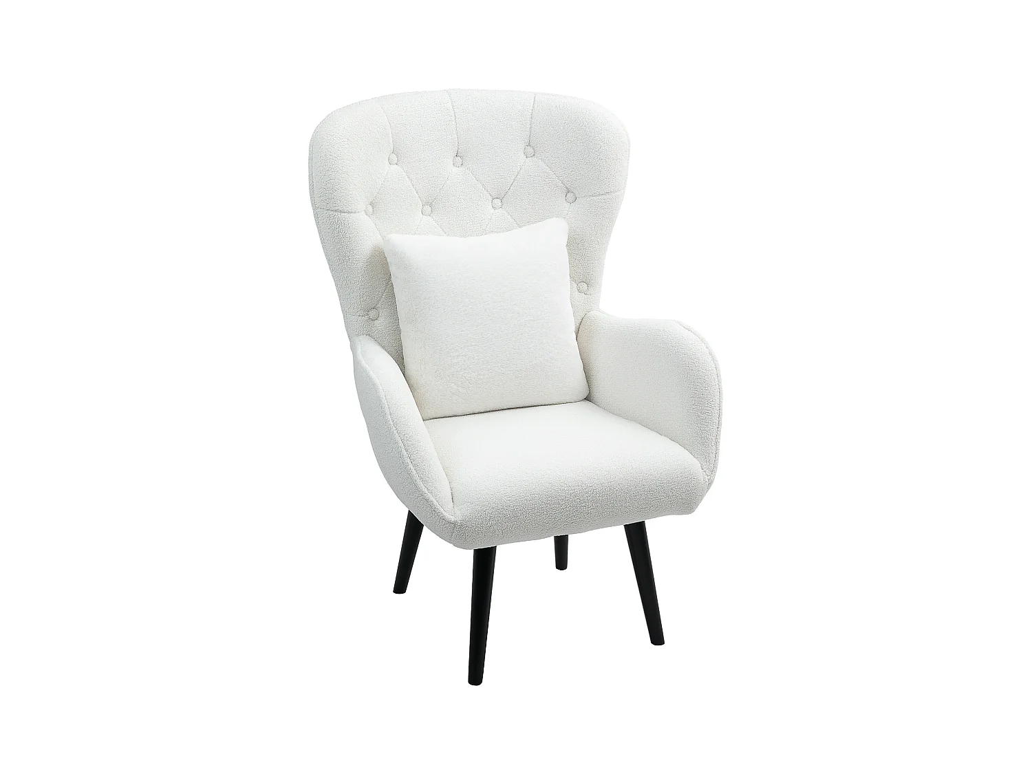 Fauteuil relax, avec coussin lombaire, tissu teddy, pieds en bois, dossier capitonné, blanc (88x75x106 cm)