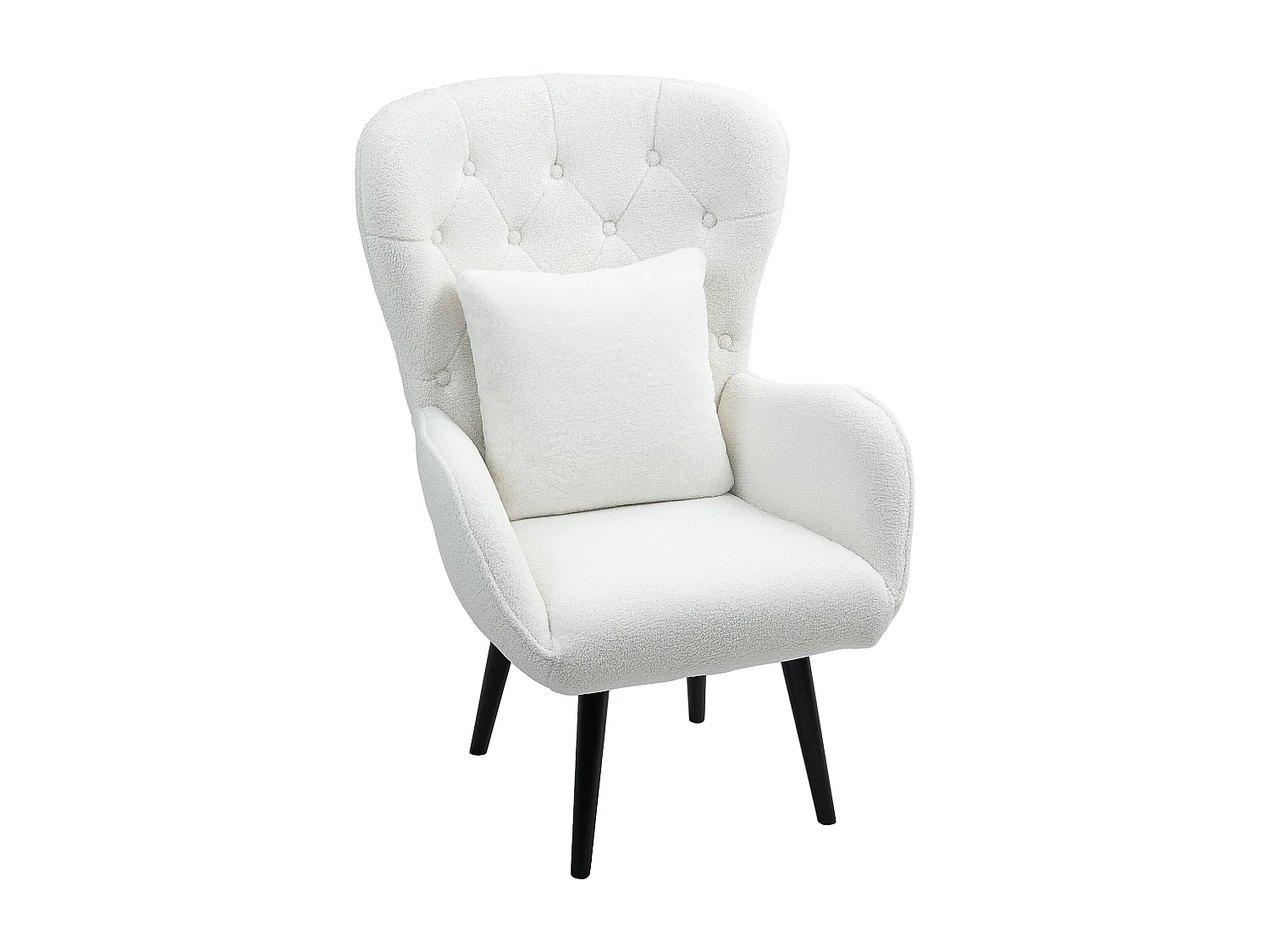Fauteuil relax, avec coussin lombaire, tissu teddy, pieds en bois, dossier capitonné, blanc (88x75x106 cm)