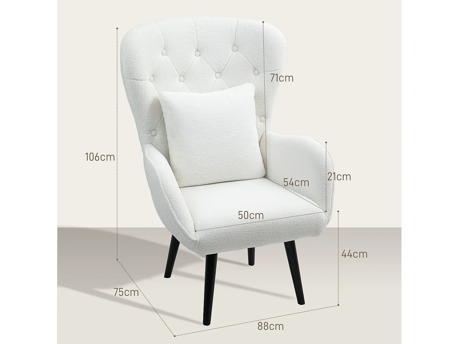 Fauteuil relax, avec coussin lombaire, tissu teddy, pieds en bois, dossier capitonné, blanc (88x75x106 cm)