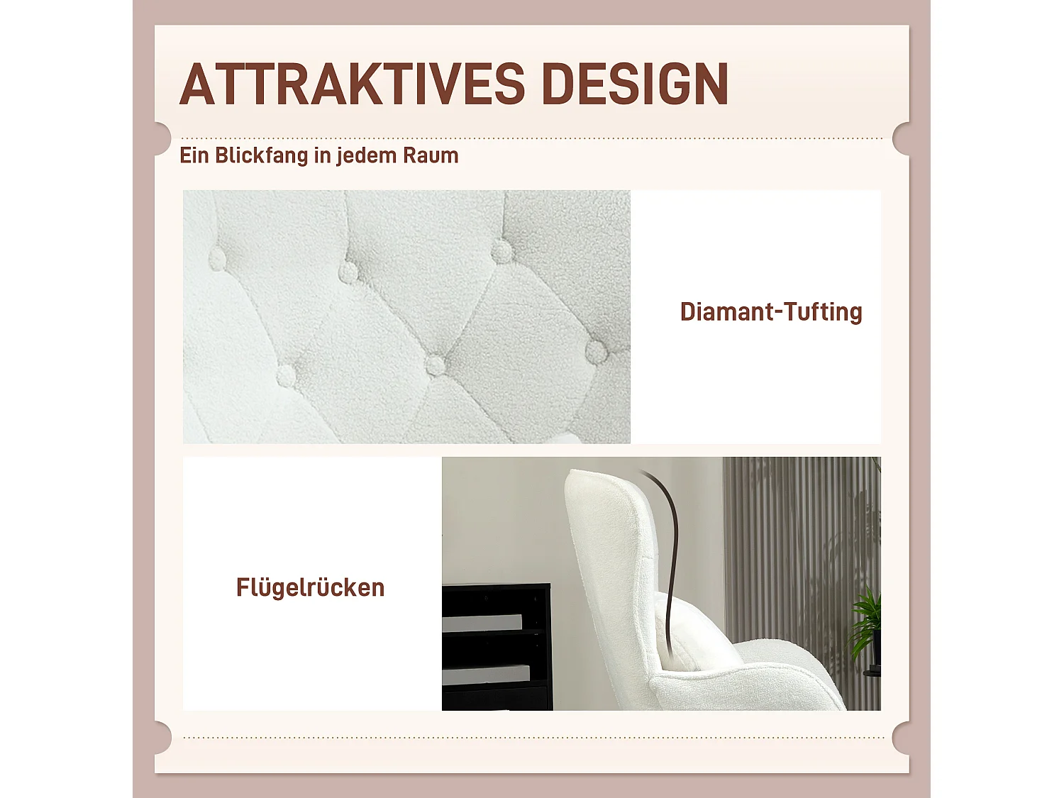 Fauteuil relax, avec coussin lombaire, tissu teddy, pieds en bois, dossier capitonné, blanc (88x75x106 cm)