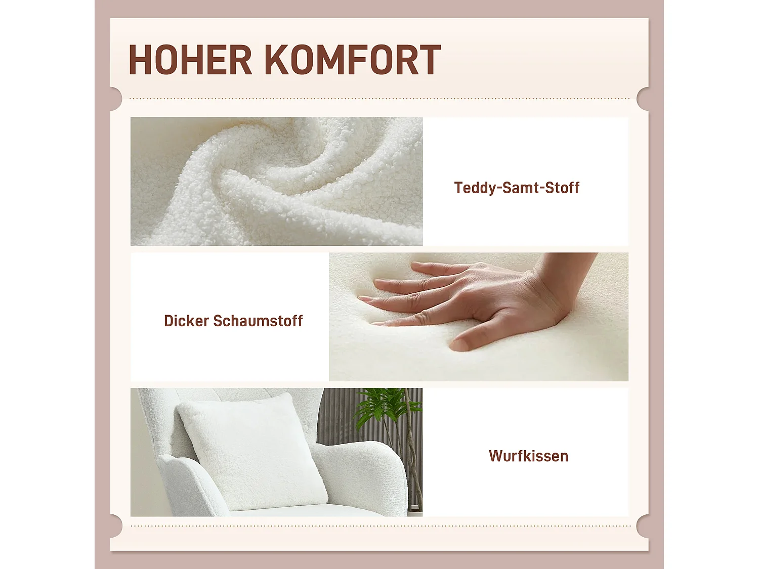 Fauteuil relax, avec coussin lombaire, tissu teddy, pieds en bois, dossier capitonné, blanc (88x75x106 cm)